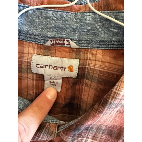 Carhartt Mens 2XL Relaxed Fit Plaid Short-Sleeve Button-Up Shirt Orange/Brown - Picture 5 of 10